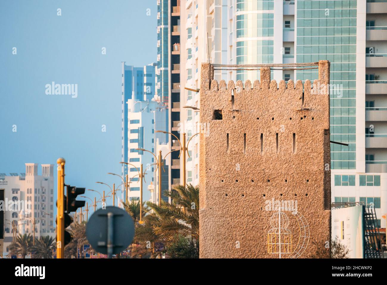 Ajman, United Arab Emirates. Ancient Old Stone AlMurabbaa Watchtower Of Ajman. Famous Landmark Close Up Stock Photo