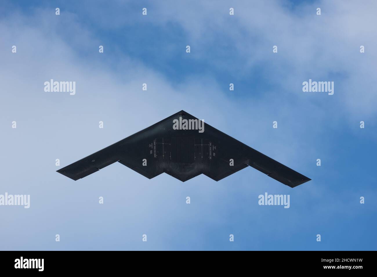 B2 stealth bomber Spirit of Louisiana shown flying over Pasadena