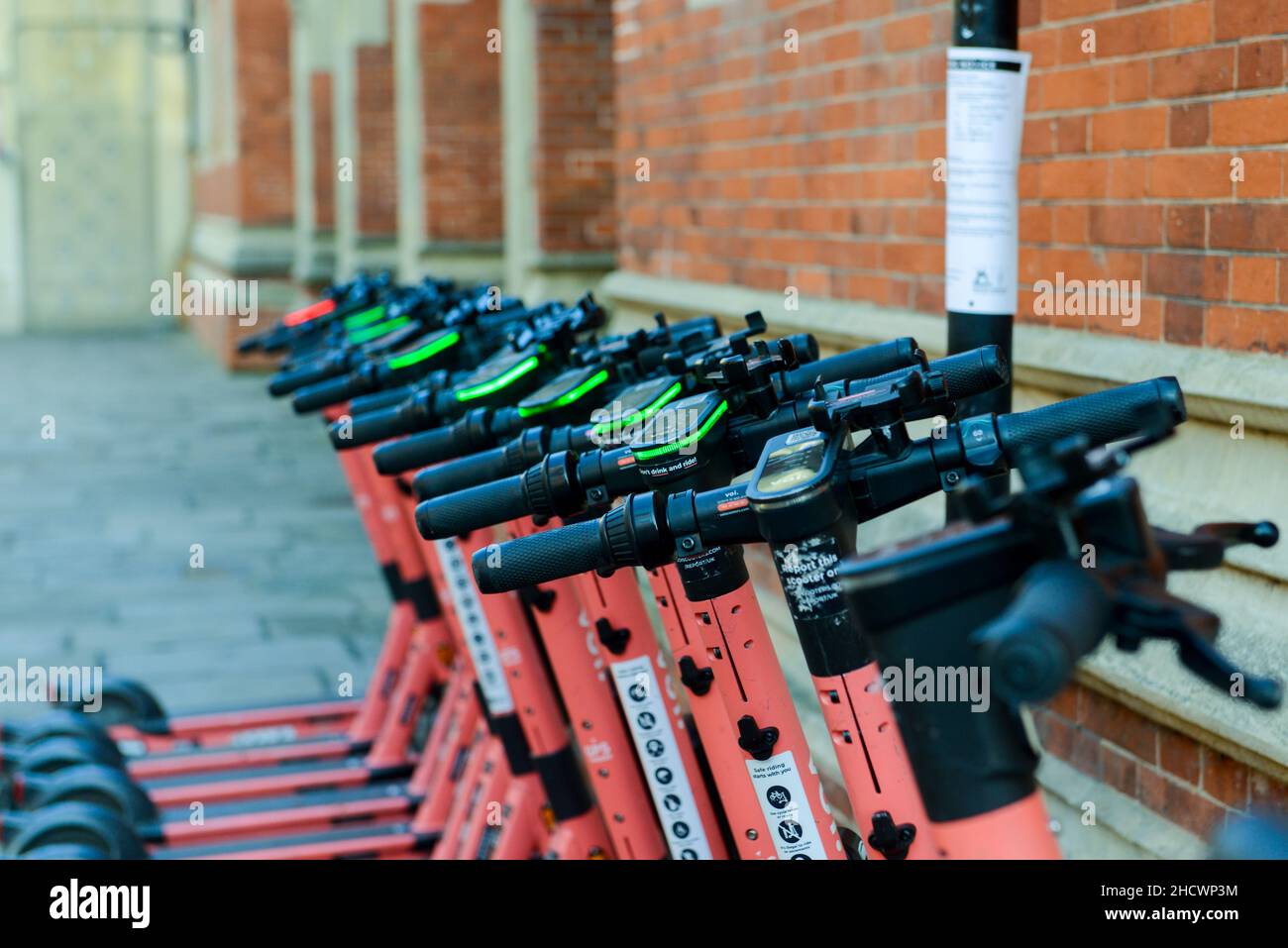 Cambridge, UK, England, 01012022. Voi hire scooters ready for hire on