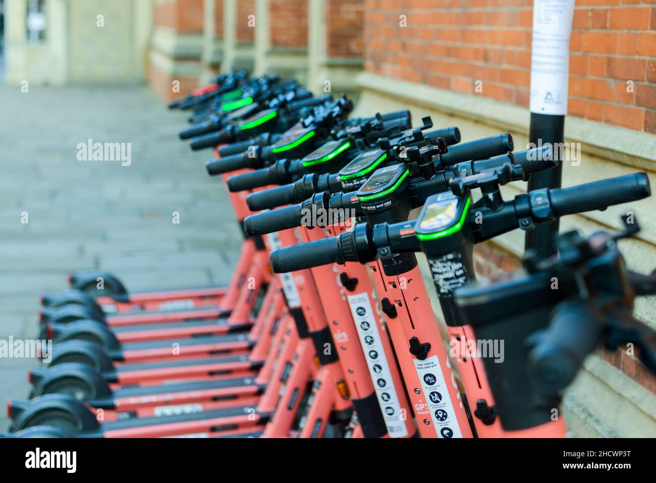 Cambridge, UK, England, 01012022. Voi hire scooters ready for hire on