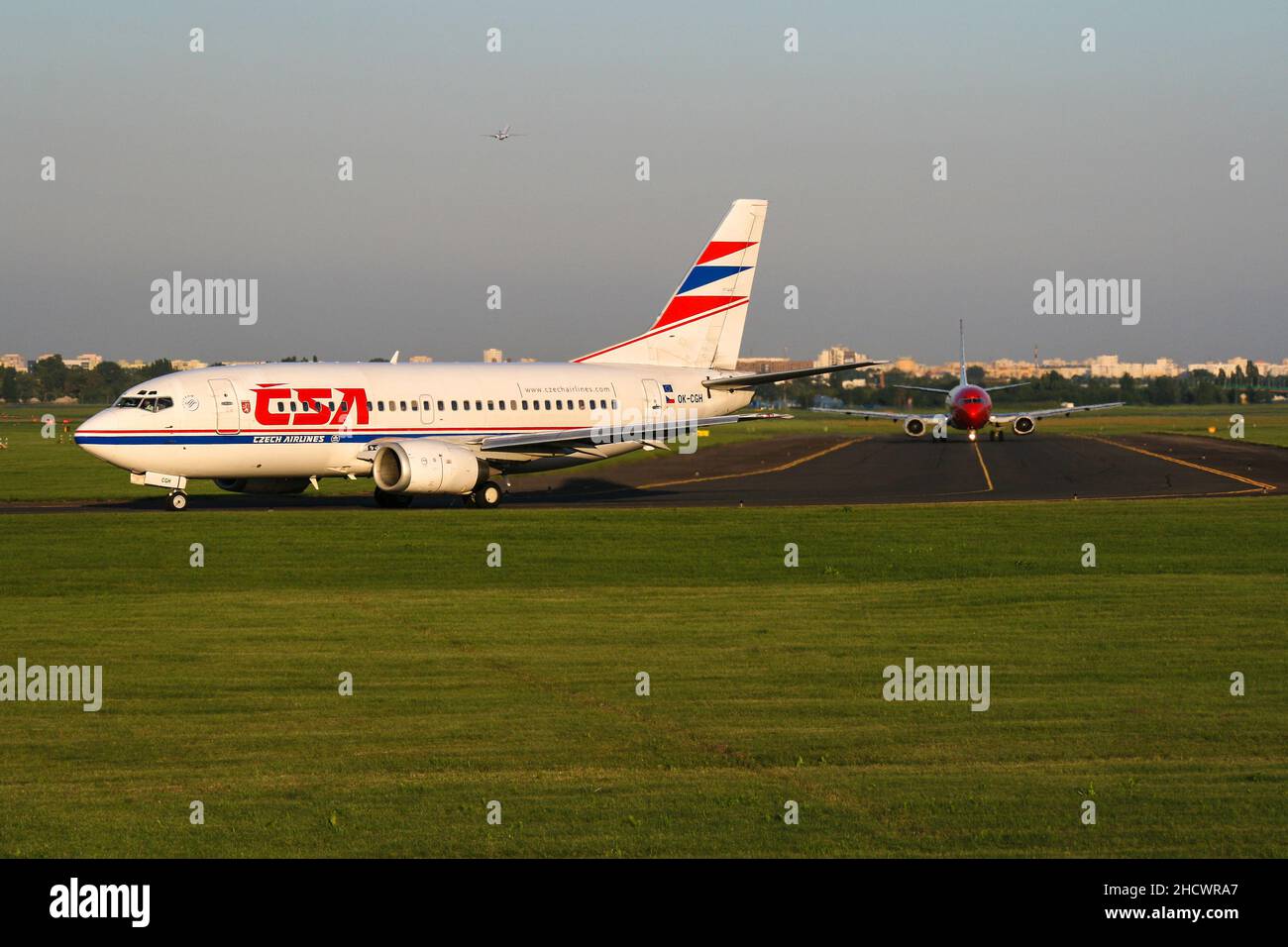 Warsaw, Poland - 07 august 2008: Side view of czech airlines CSA jet airplane Boeing 737-55S taxiing on taxiway to the runway Stock Photo