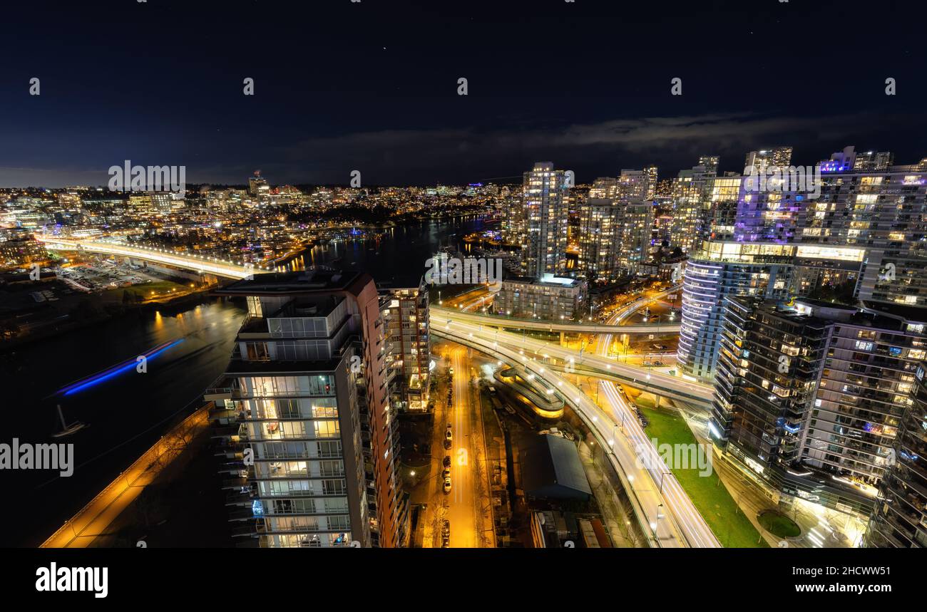 Aerial View of Downtown Vancouver City during night time Stock Photo ...