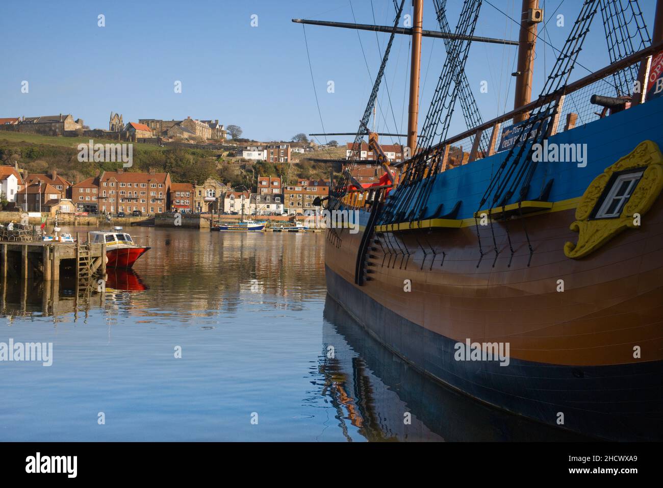 Replica of the Endevour moored in the harbour at Whitby Stock Photo
