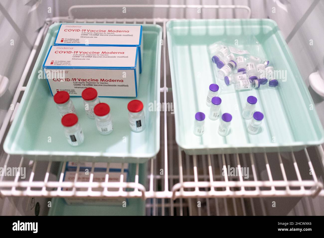 Vaccine doses at a Covid-19 vaccination center in Dinan, Brittany. France. Stock Photo