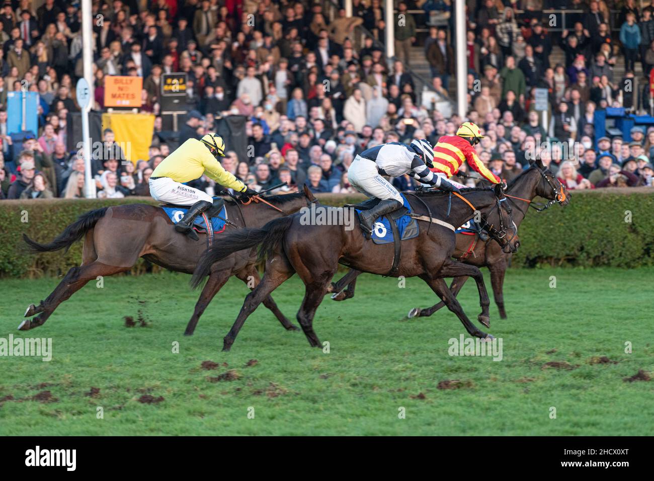 Top 3 horses battle for positions at Wincanton on Boxing Day 2021 Stock