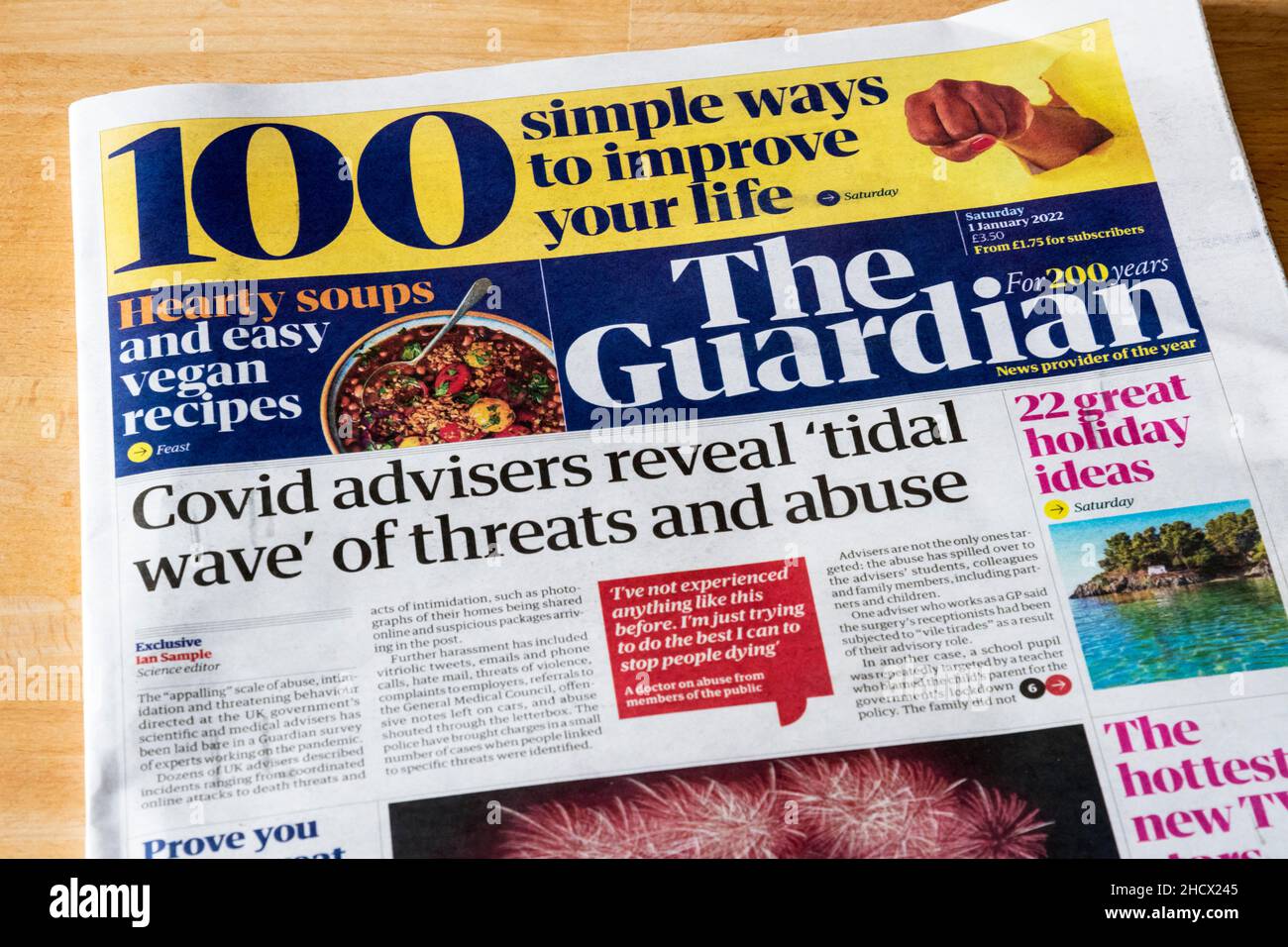 Guardian newspaper front page headline for New Years Day 2022. Stock Photo