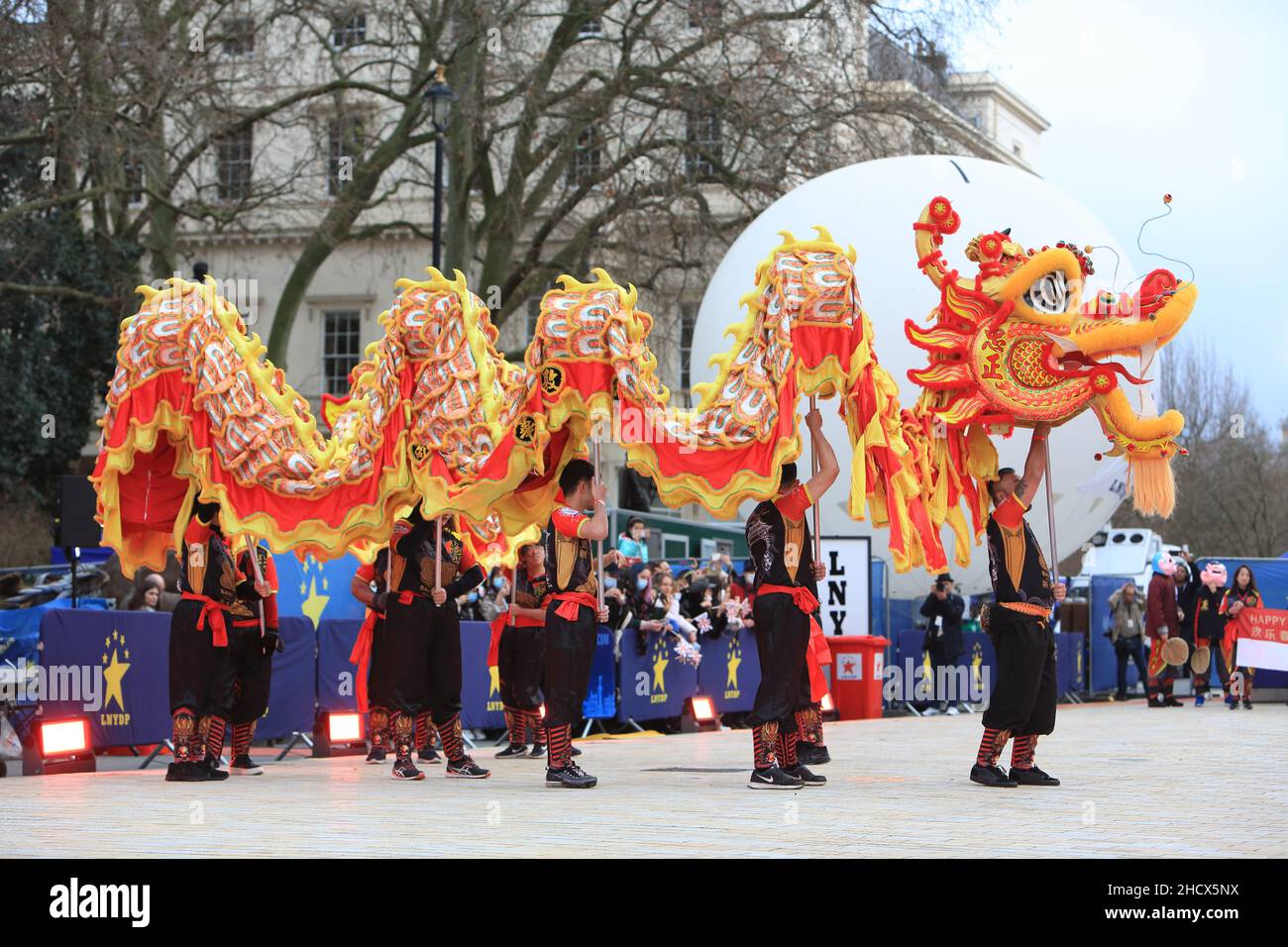 London, UK January 1st 2022. Hundreds of performers returned to a more Covid-safe scaled-down New Year's Day Parade in central London. This year's event was limited to 600 spectactors who had to buy tickets and enjoyed the spectacle in record temperatures of 16 degrees. Monica Wells/Alamy Live News Stock Photo