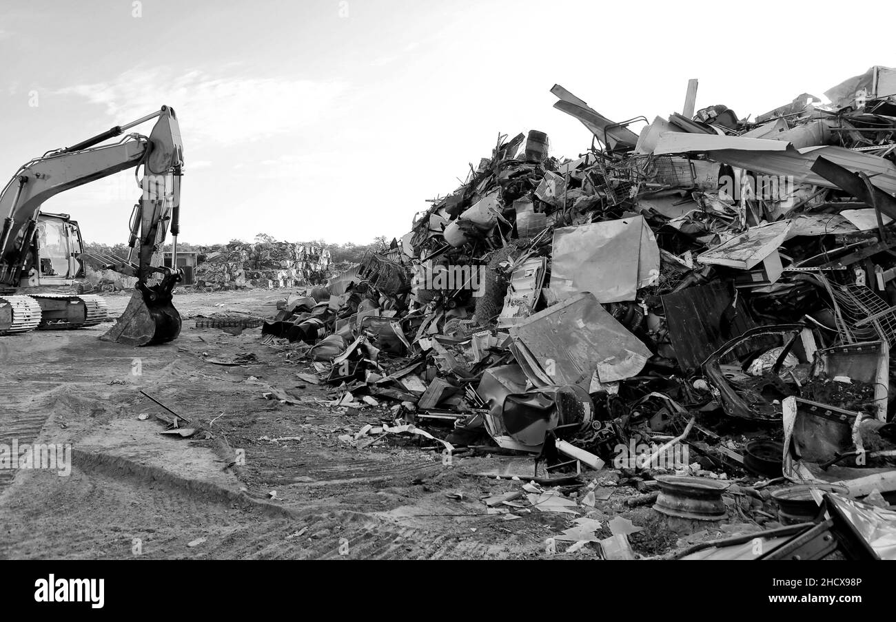 Junk yard, industrial metal recycling, metal waste, black and white