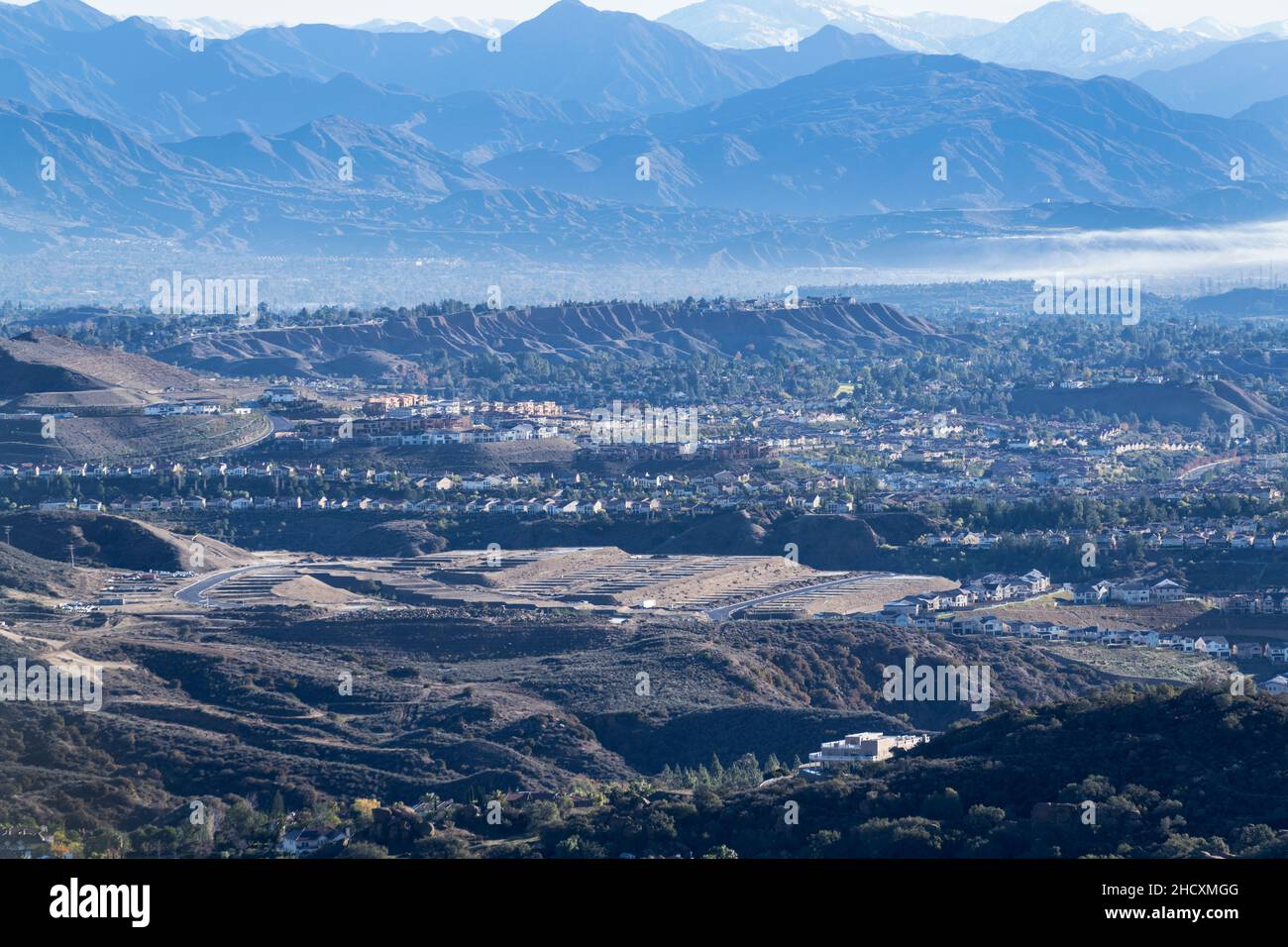 Mountain view of the Porter Ranch neighborhood in the San Fernando Valley area of Los Angeles, California. Stock Photo