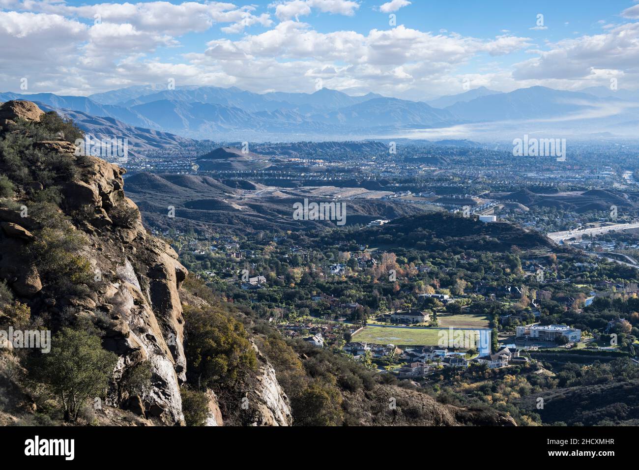 Morning mountain view of the Porter Ranch neighborhood in the San Fernando Valley area of Los Angeles, California. Stock Photo