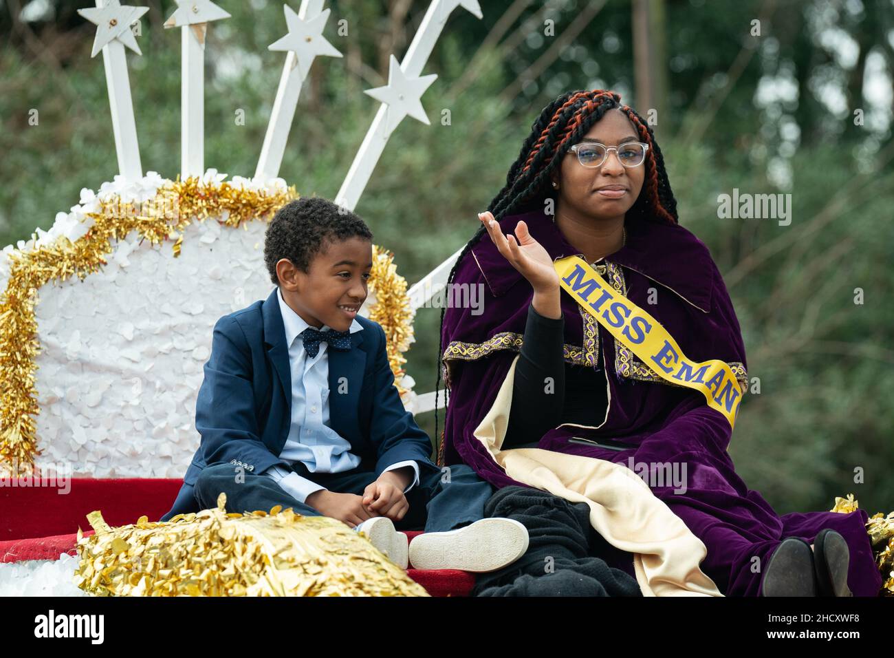 Charleston, United States Of America. 02nd Jan, 2022. Charleston, United States of America. 02 January, 2022. Miss Emancipation beauty queen waves from a float during the 156th annual Emancipation Proclamation parade celebrating the freeing of African-American slaves, January 1, 2022 in Charleston, South Carolina. The parade has been held on New Year Day since 1866 and is the oldest parade in the country commemorating the day President Abraham Lincoln abolish slavery. Credit: Richard Ellis/Richard Ellis/Alamy Live News Stock Photo