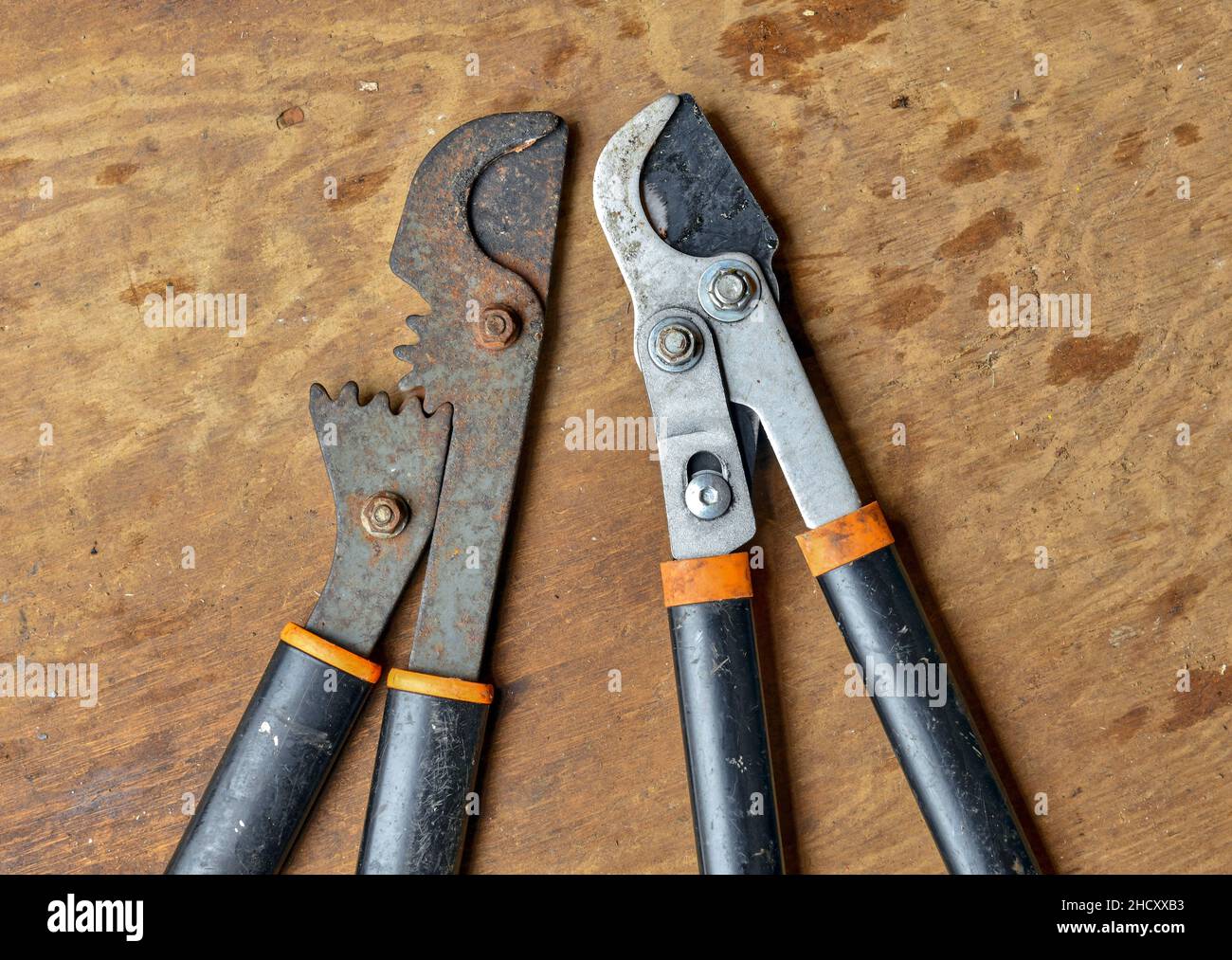Vintage tools and handles with wood background Stock Photo