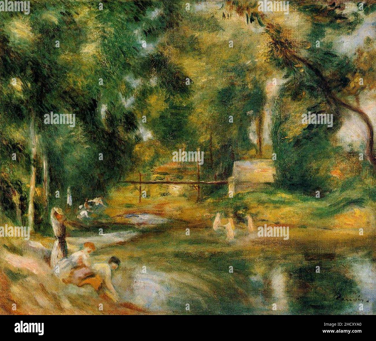 Renoir - essoyes-landscape-washerwoman-and-bathers-1900. Stock Photo