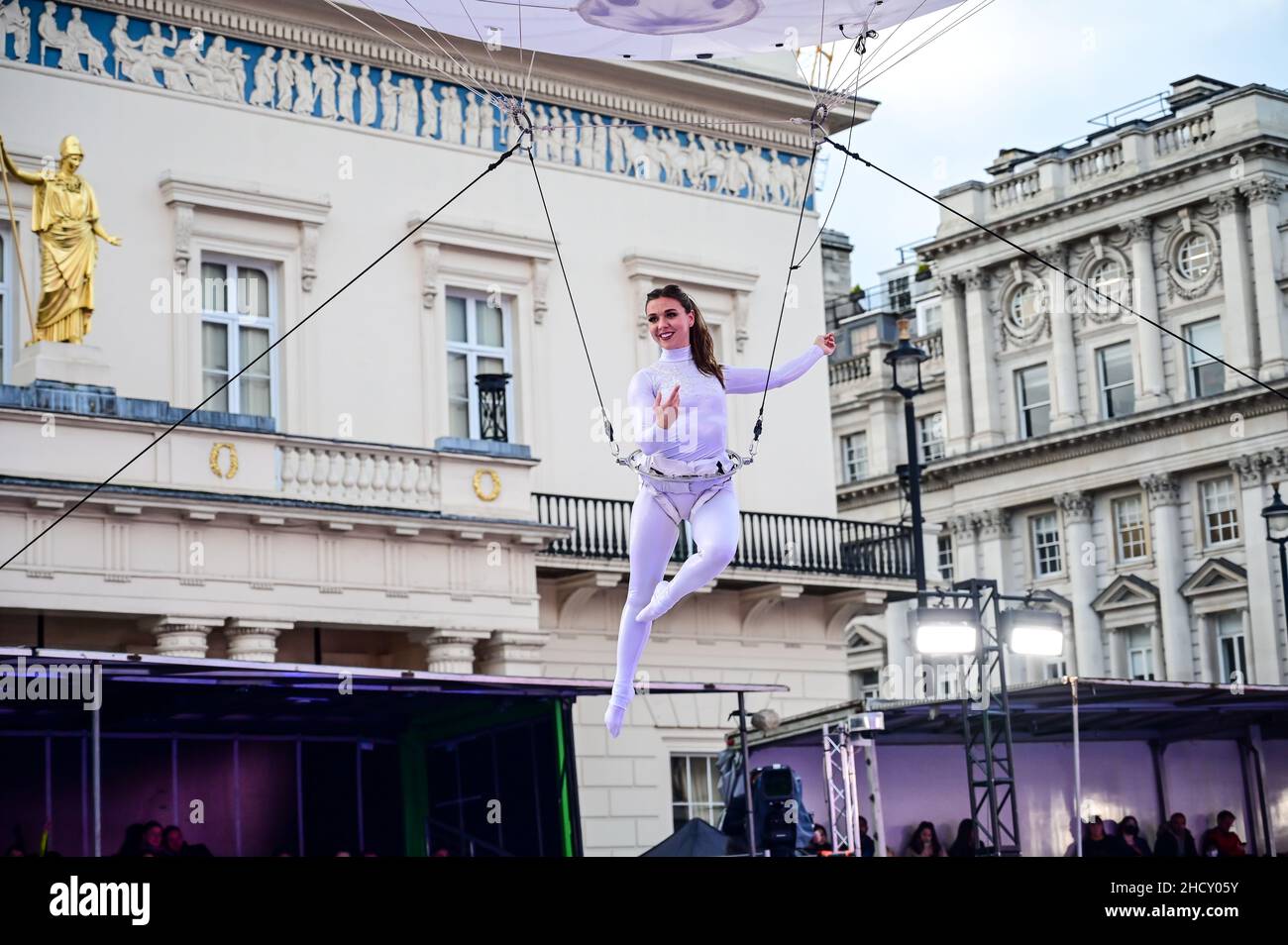 2022 1st January, London, UK. Pleased that #NYDP 2022 was not cancelled, Heliosphere by The Dream Engine performs at the LNYDP participants performed well for the 2022 New Year's parade in London. Stock Photo
