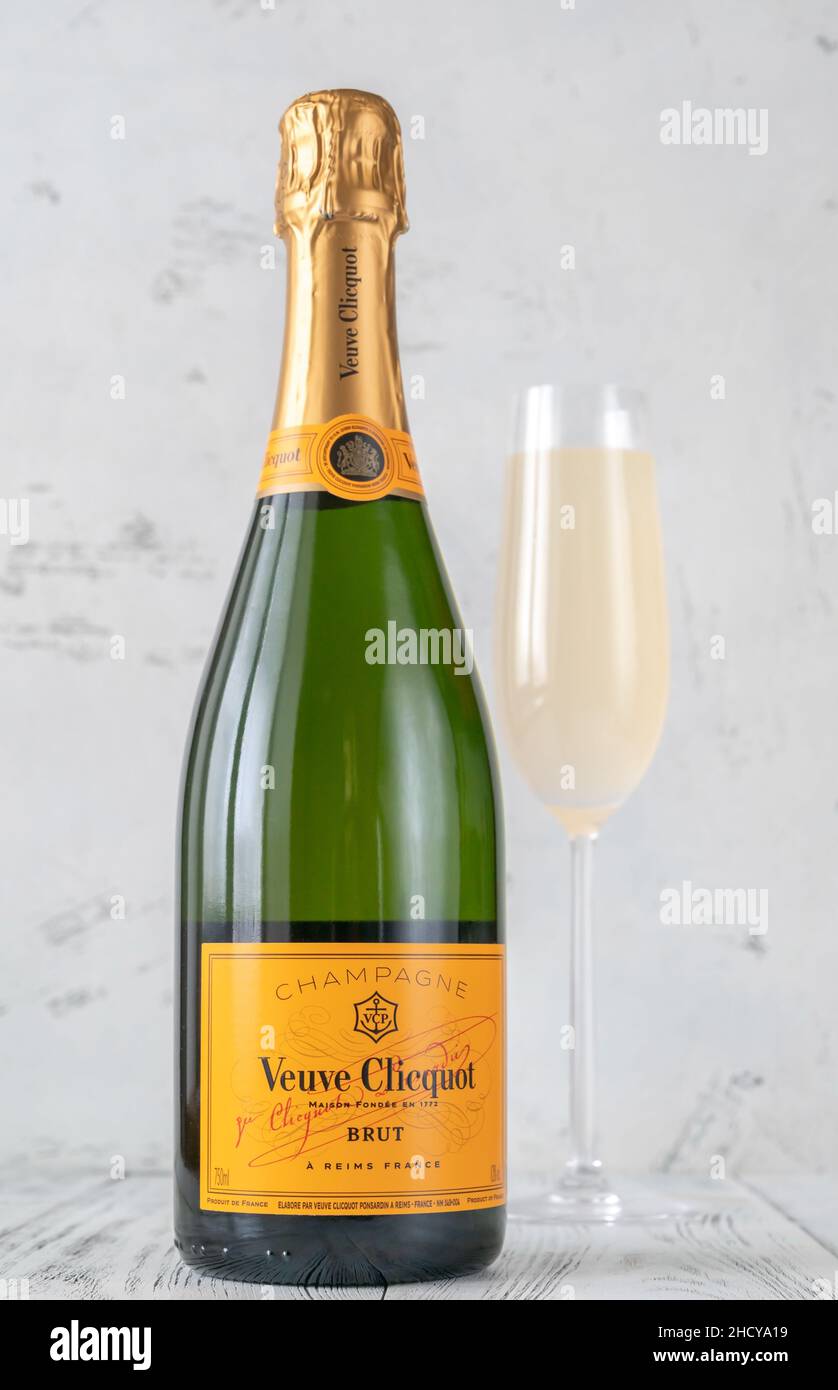 A picture taken on October 25, 2020 in Reims, northeastern France, shows  bottles of Veuve Clicquot champagne. Veuve Clicquot is a branch of  France-based luxury goods company LVMH (Louis Vuitton Moet Hennessy).