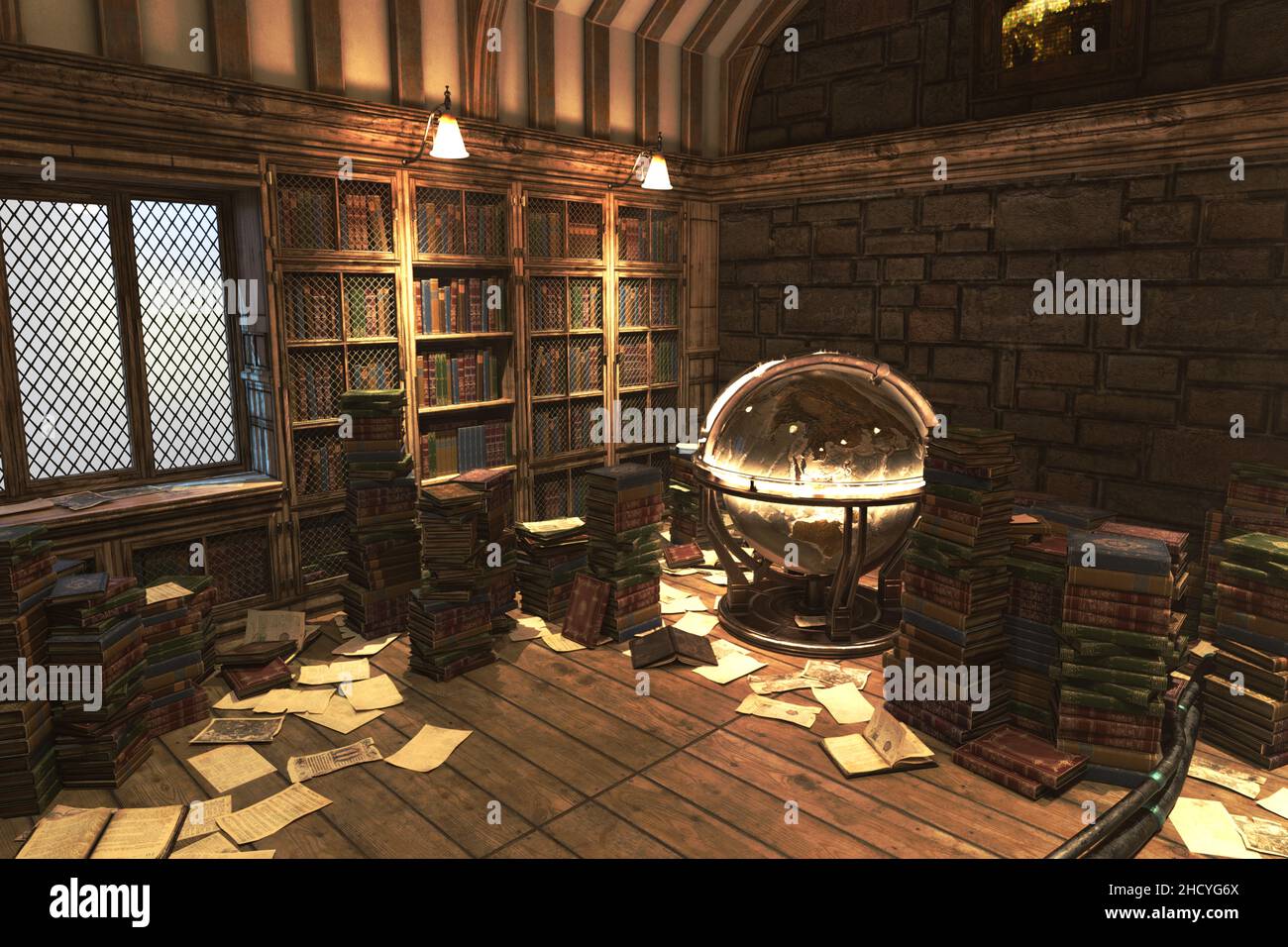 Old library energy preload, complete scene for background. 3D rendering illustration. Stock Photo