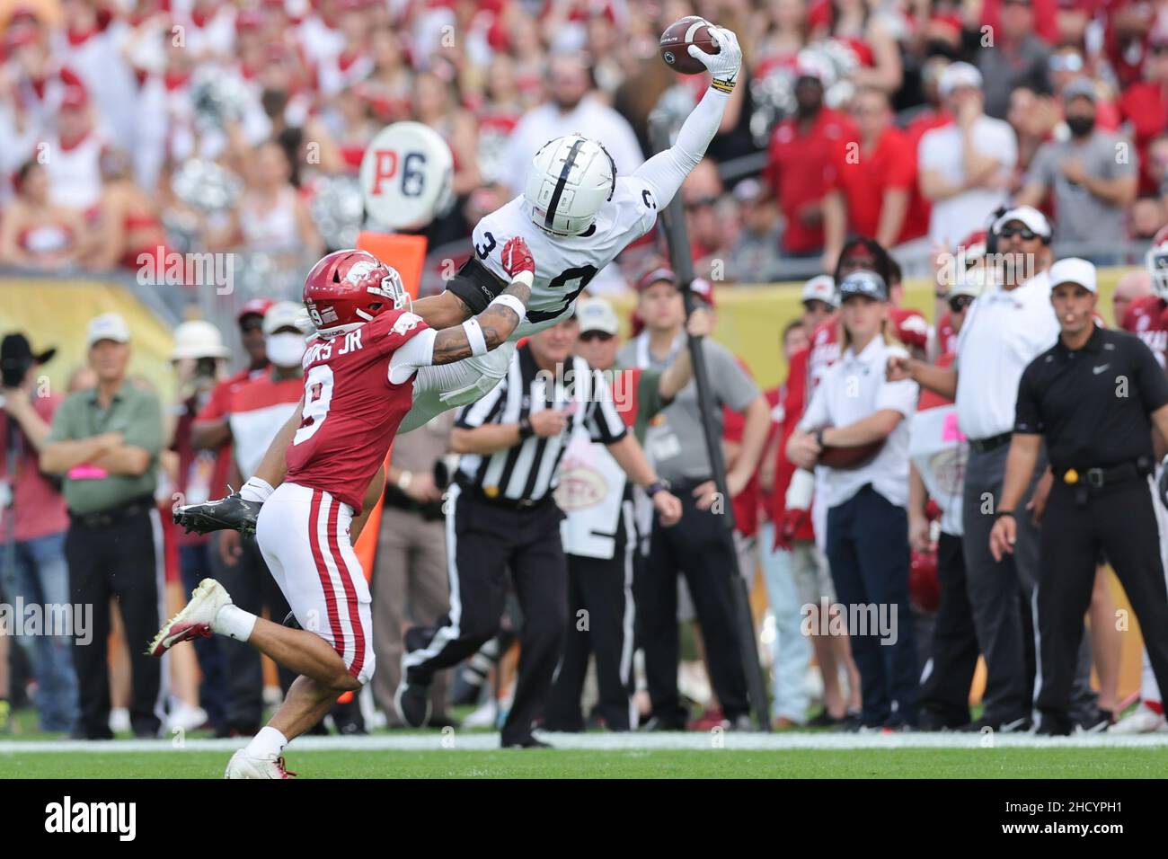 January 1, 2022: Penn State Nittany Lions wide receiver PARKER WASHINGTON (3) makes a leaping catch during the Outback Bowl at Raymond James Stadium in Tampa, FL on January 1, 2022. (Credit Image: © Cory Knowlton/ZUMA Press Wire) Stock Photo