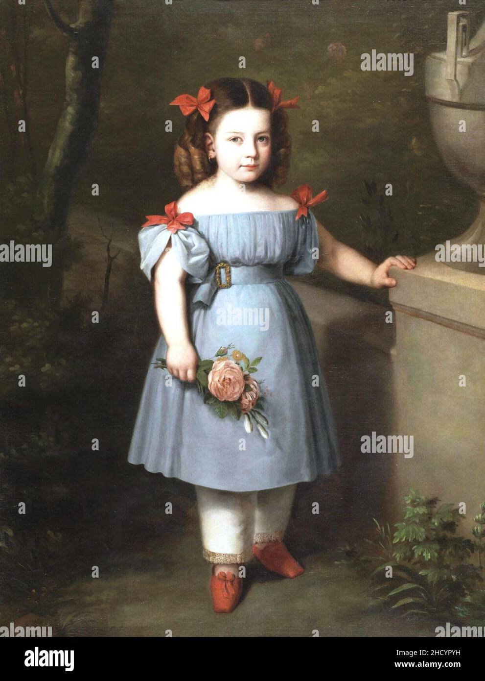 Retrato de niña de azul con rosas en la mano, de Antonio María Esquivel Stock Photo