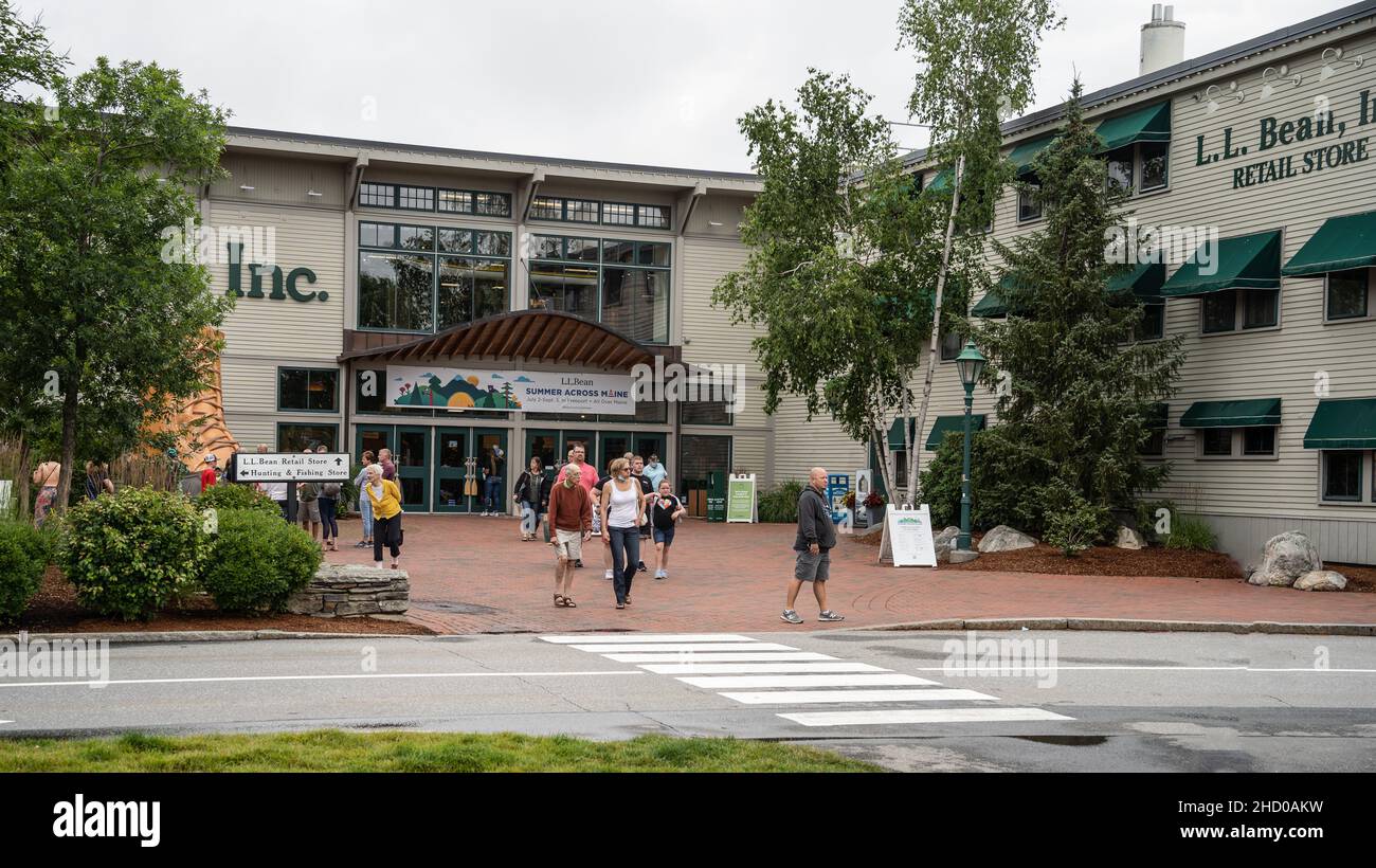 Freeport Maine- July 12,2021: LLBean Flagship Store entrance in Freeport Main. L.L.Bean is an American, privately held retail company founded in 1912 Stock Photo