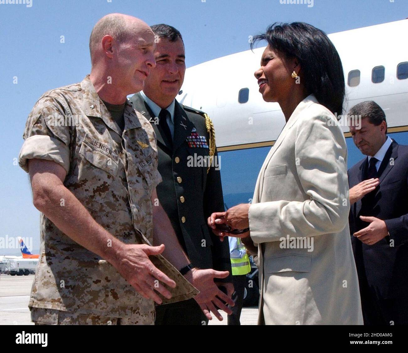 Rice speaks with troops after landing in Larnaca July 24 2006 Stock ...