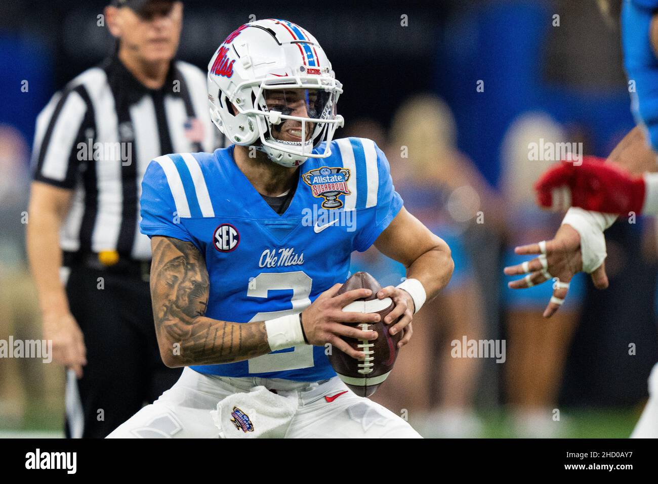 Ole Miss Rebels quarterback Matt Corral (2) scrambles with the ball during  the NCAA College Football Sugar Bowl game between the Baylor Bears and the  Ole Miss Rebels on Saturday January 1,