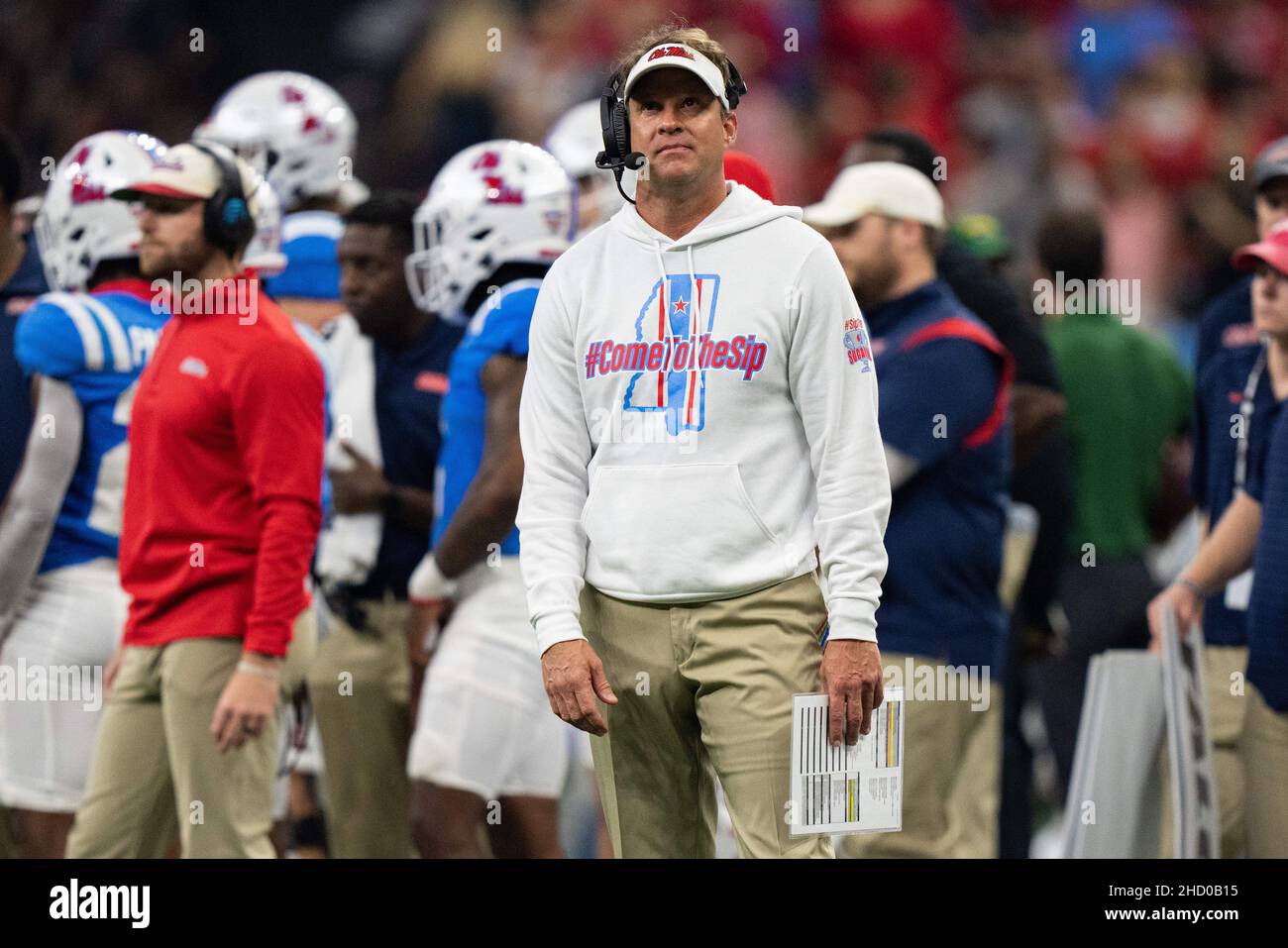 Ole Miss Rebels head coach Lane Kiffin looks on during the NCAA College Football Sugar Bowl game between the Baylor Bears and the Ole Miss Rebels on Saturday January 1, 2022 at the Caesars Superdome in New Orleans, Louisiana. Jacob Kupferman/CSM Stock Photo