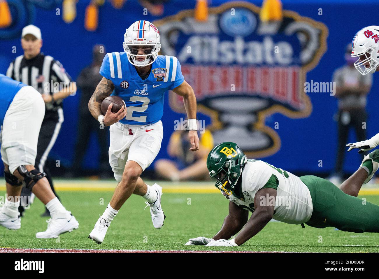 Ole Miss Rebels quarterback Matt Corral (2) runs with the ball during the  NCAA College Football Sugar Bowl game between the Baylor Bears and the Ole  Miss Rebels on Saturday January 1,