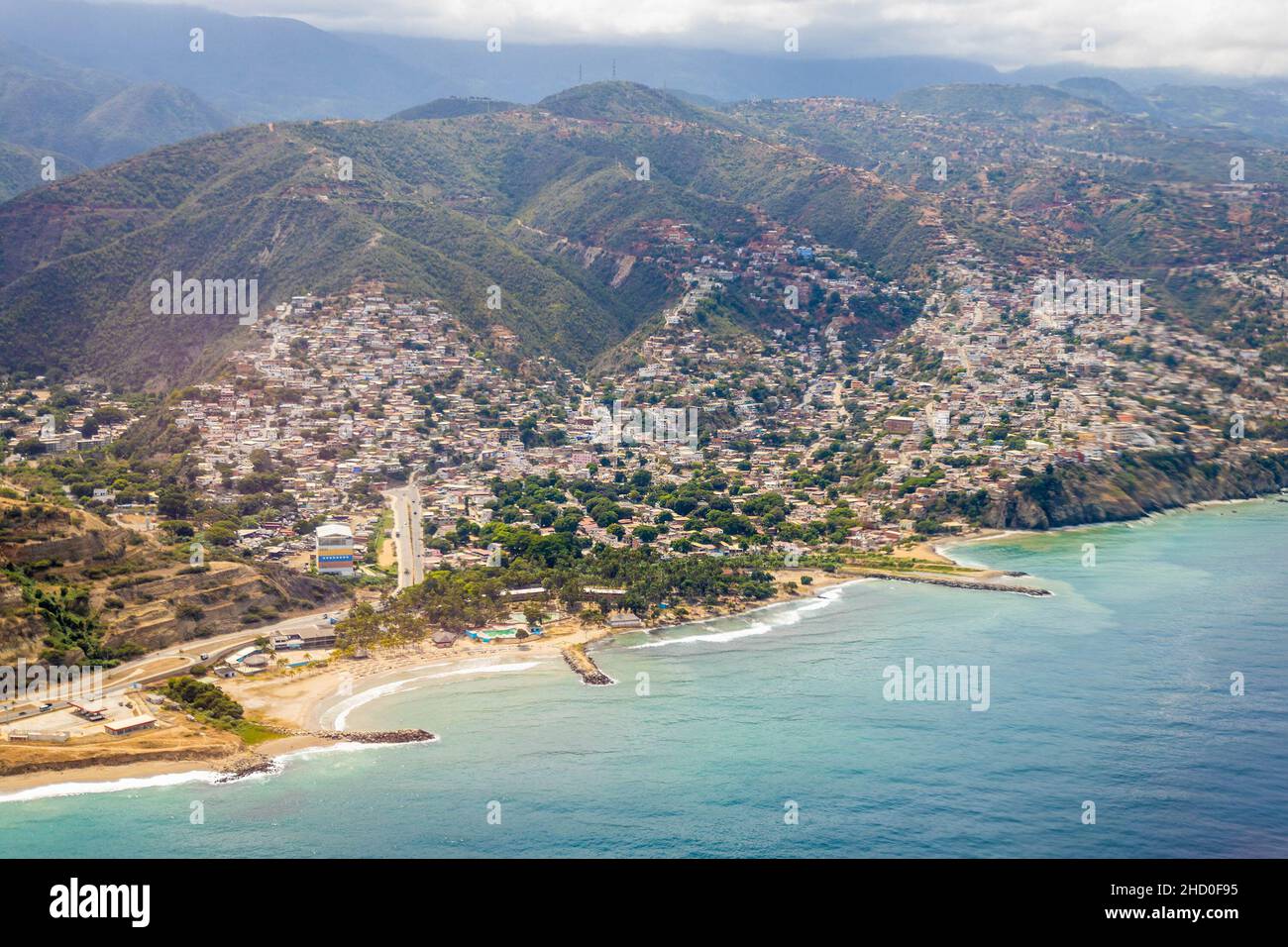 Aerial view of Caracase bay Venezuela buildings on the hill from the plane Stock Photo