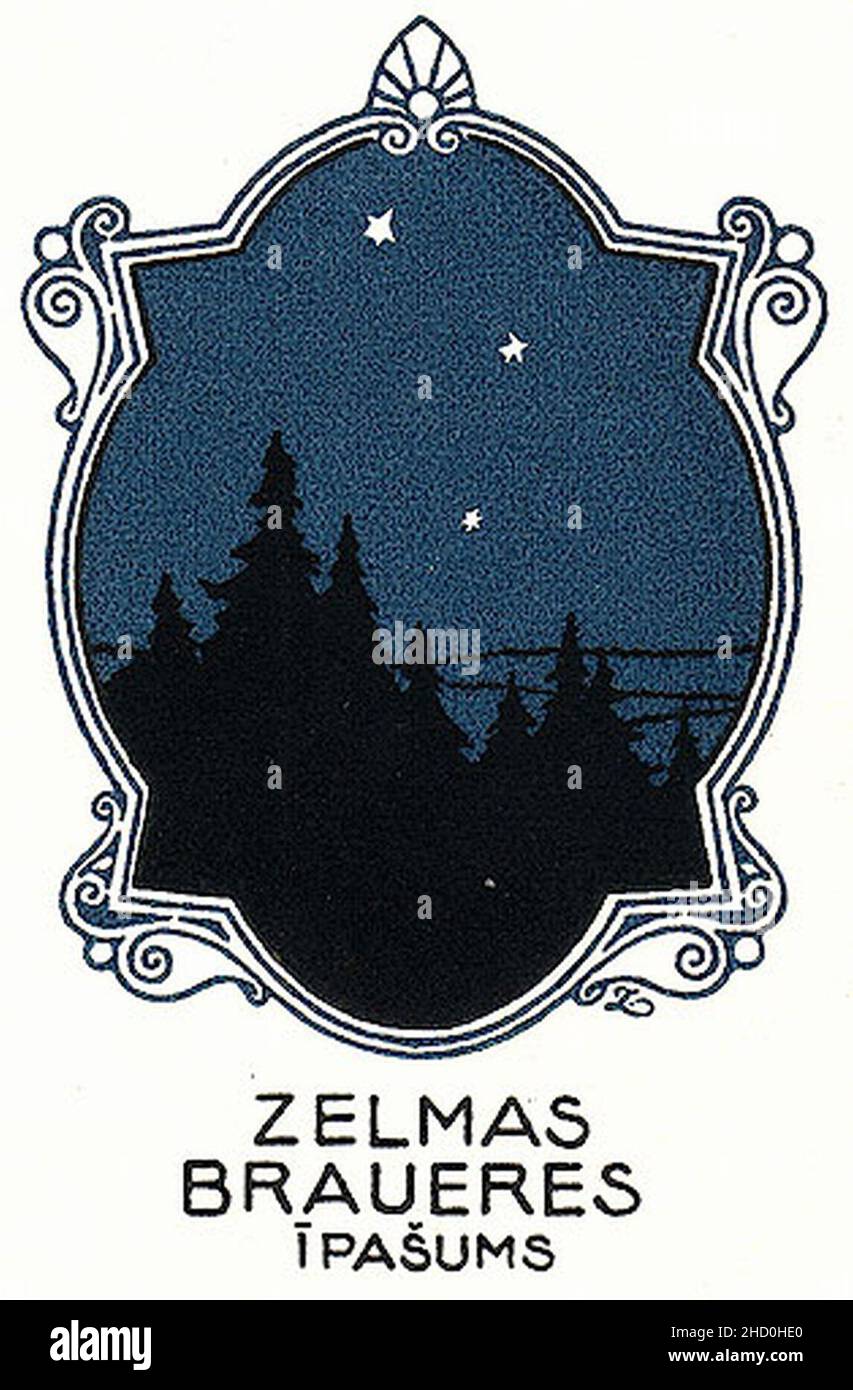 Rihards Zariņš, Bookplate Zelma Brauere ('Zelmas Braueres īpašums'), 1928, Zinkography, 80x51 mm. Stock Photo