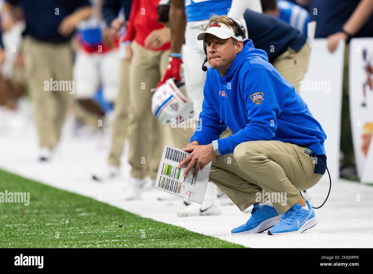 Ole Miss Rebels head coach Lane Kiffin reacts to a missed field goal attempt by Ole Miss during the NCAA College Football Sugar Bowl game between the Baylor Bears and the Ole Miss Rebels on Saturday January 1, 2022 at the Caesars Superdome in New Orleans, Louisiana. Jacob Kupferman/CSM Stock Photo