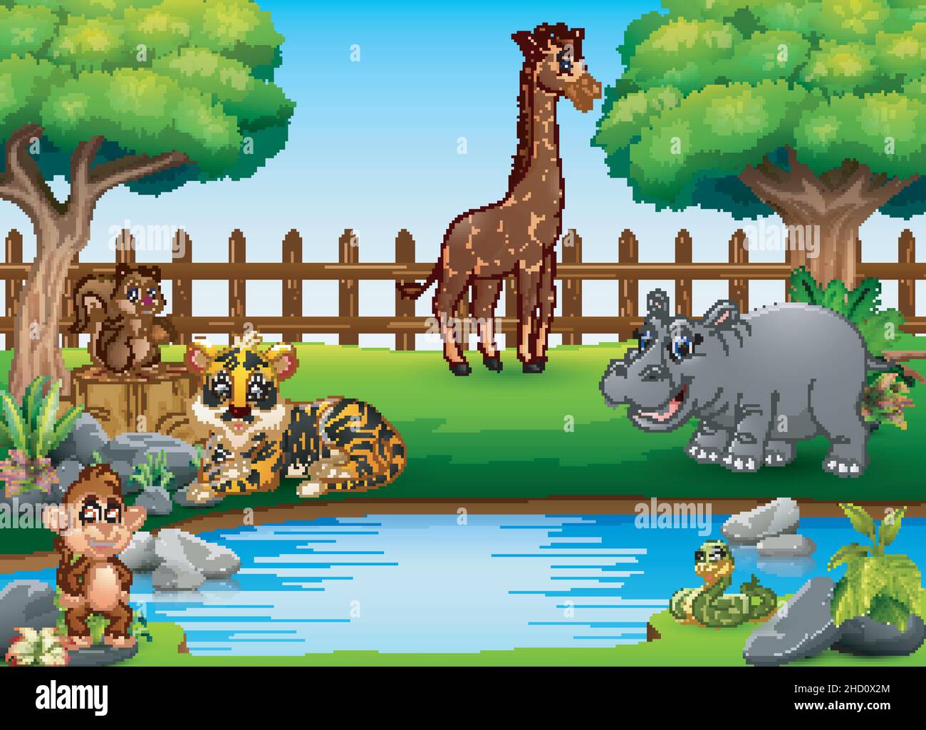 Wild animals playing on the edge of a beautiful small pond Stock Vector ...