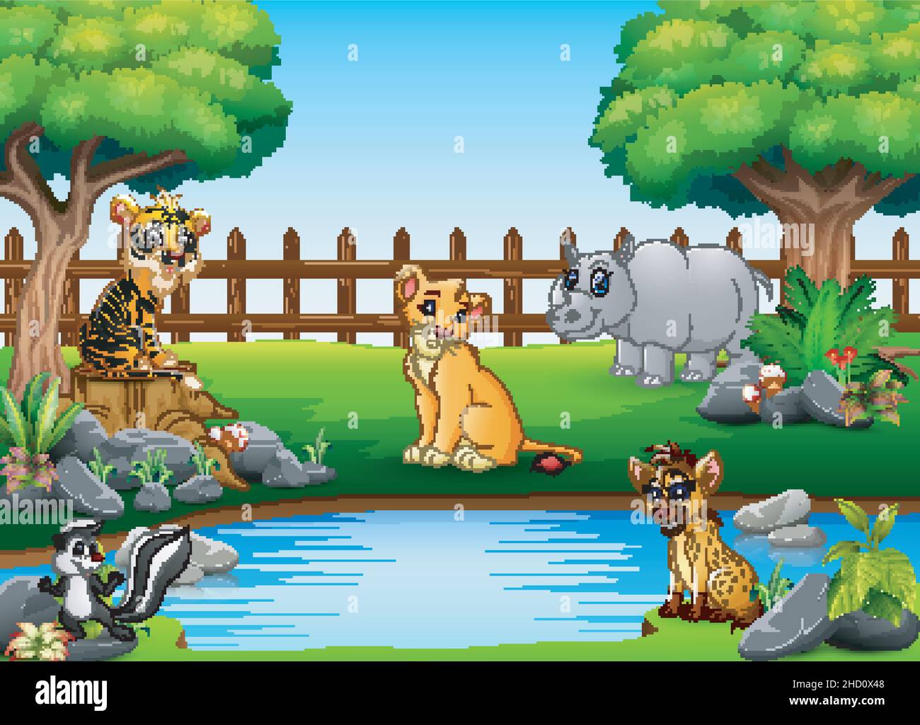 Wild animals playing on the edge of a beautiful small pond Stock Vector ...