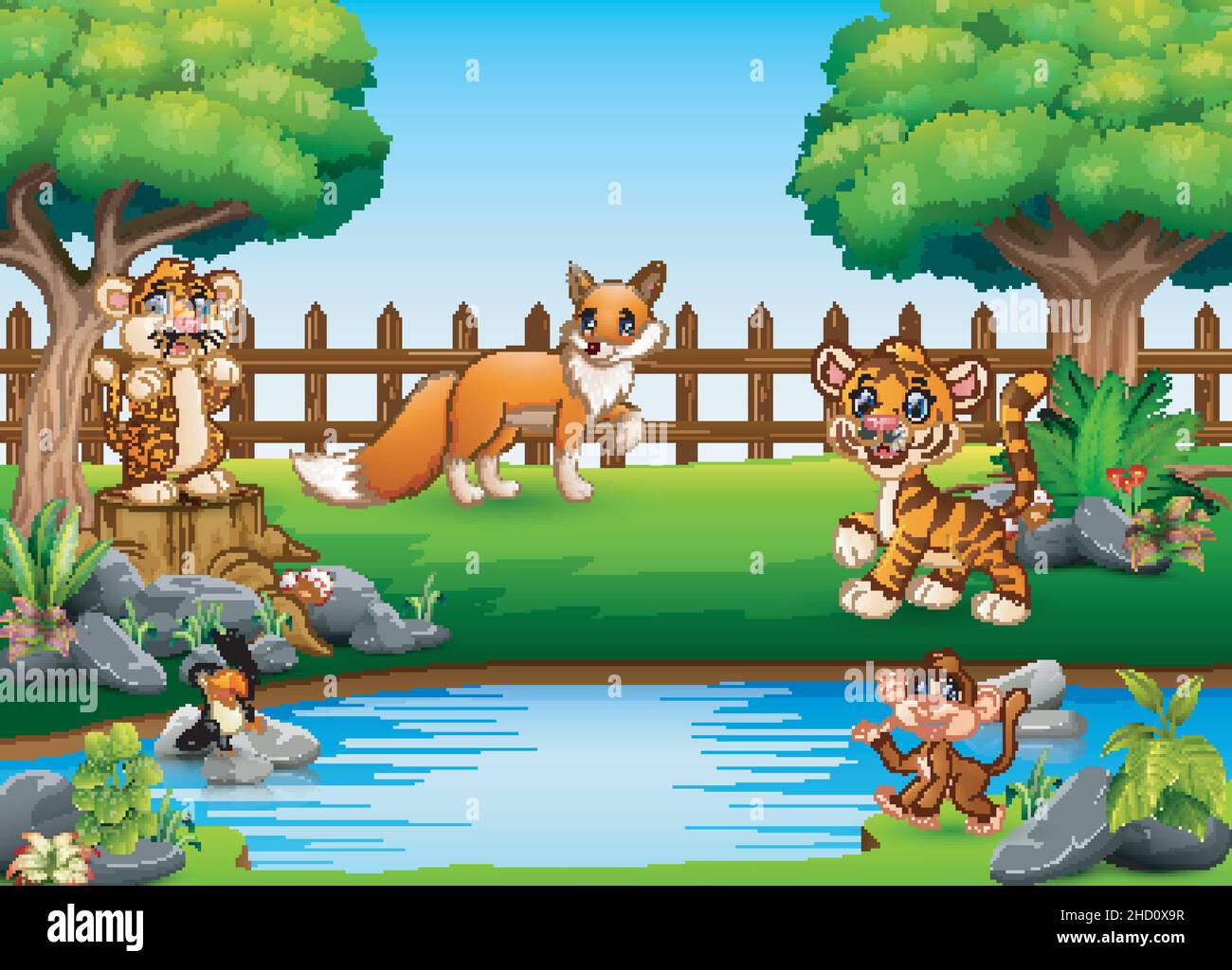 Wild animals playing on the edge of a beautiful small pond Stock Vector ...