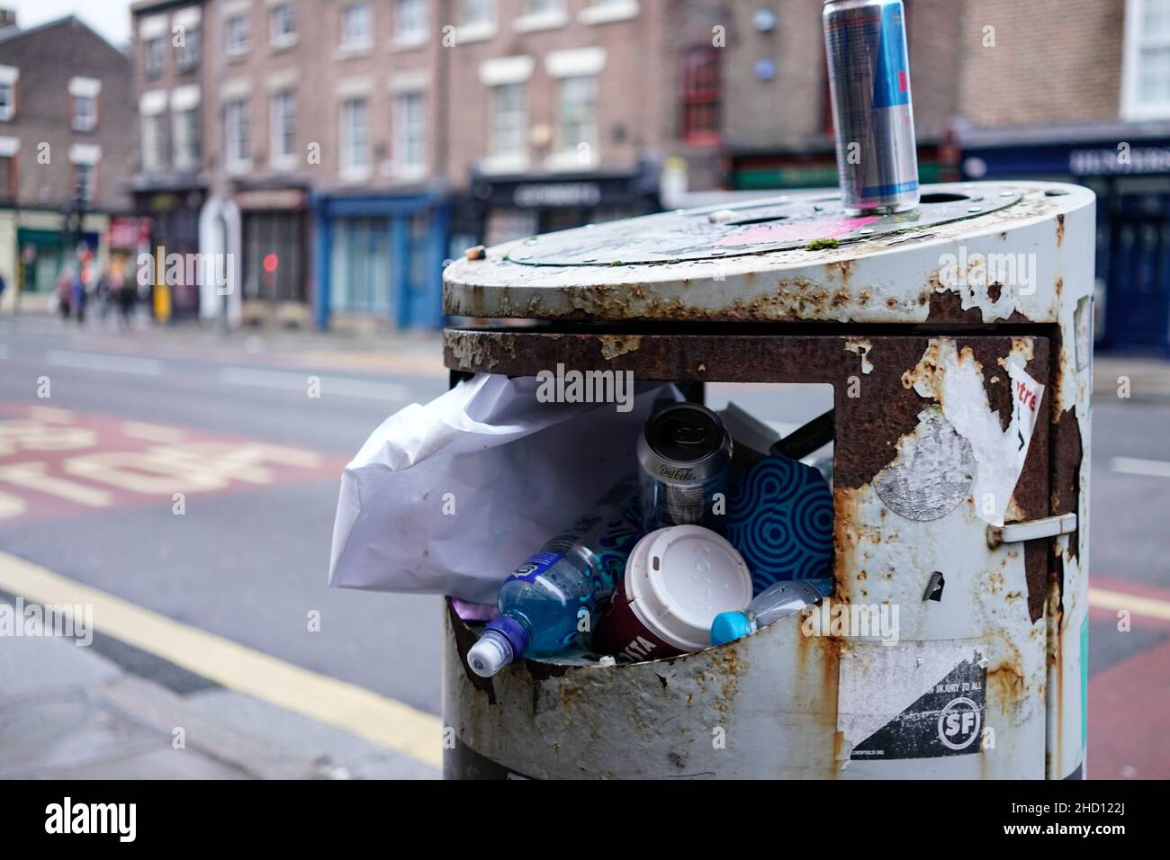 Bin overflowing with rubbish Liverpool city centre Stock Photo Alamy