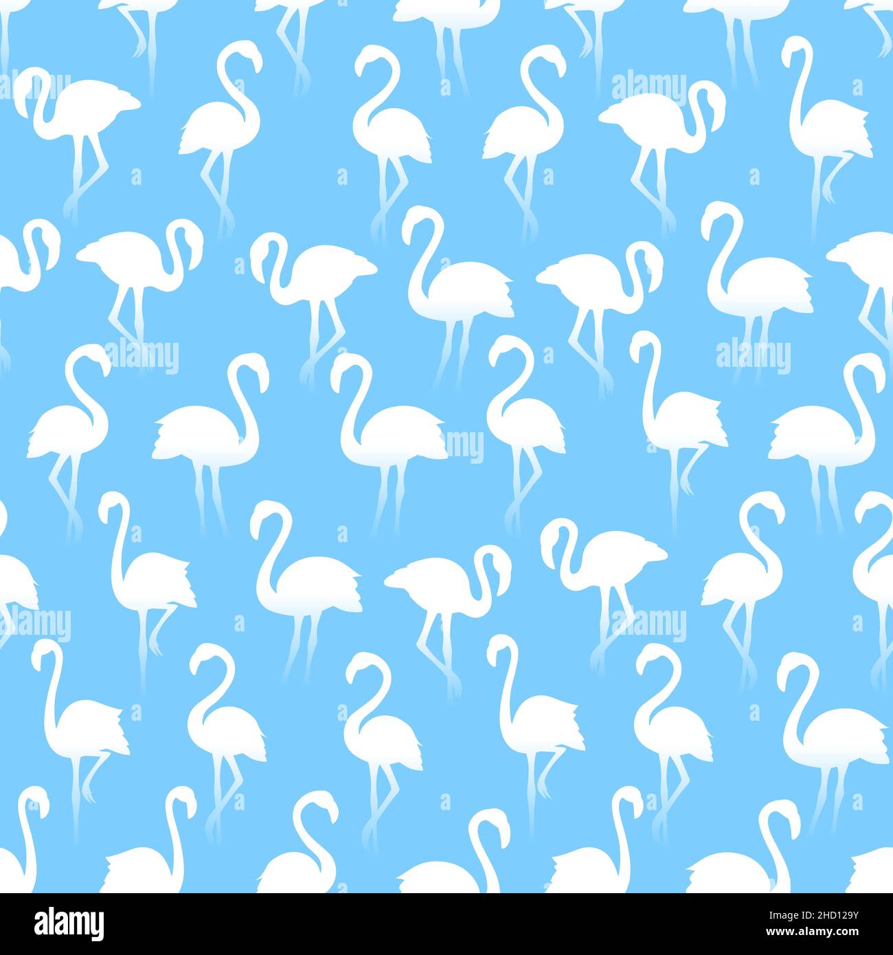 White flamingo silhouettes seamless pattern on skyblue background Stock Vector