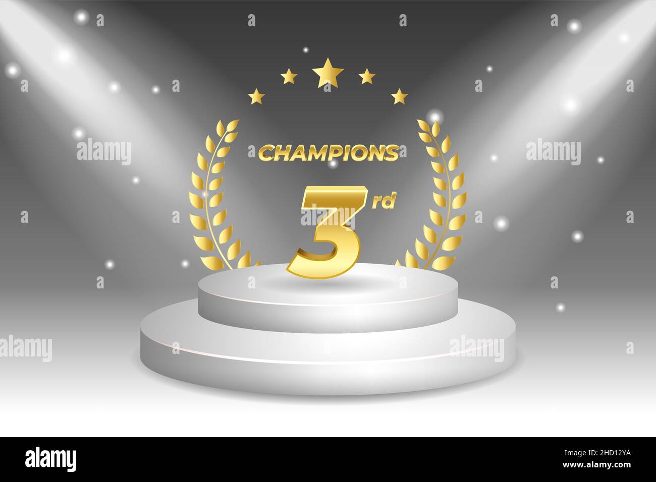 Third places winner. Golden award trophy with laurel wreath. Isolated