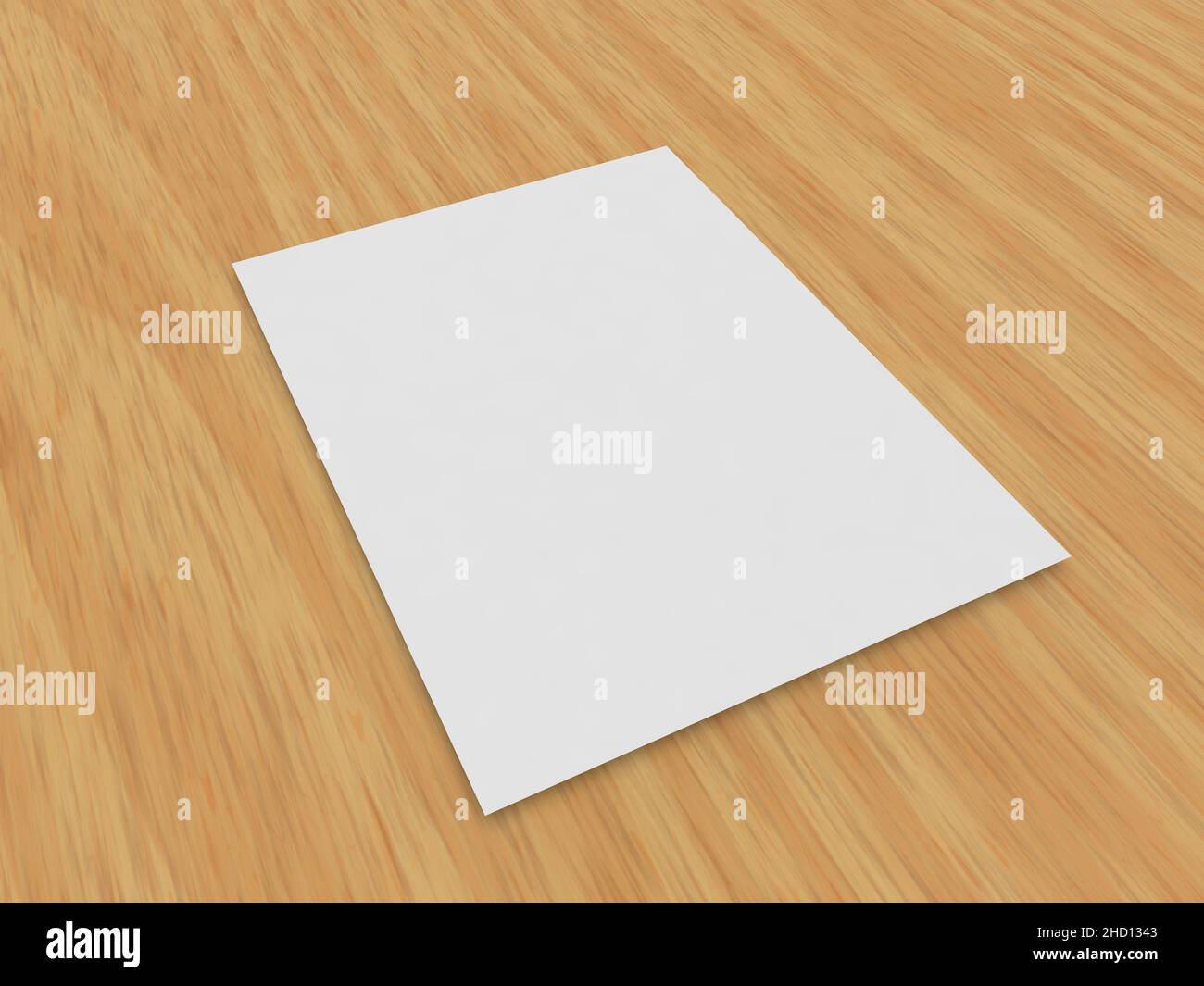 A4 sheet of white paper on a wooden background. 3d render illustration. Stock Photo