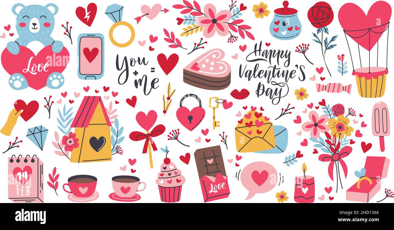 Cartoon romantic love valentines day elements and stickers. Heart shape ...
