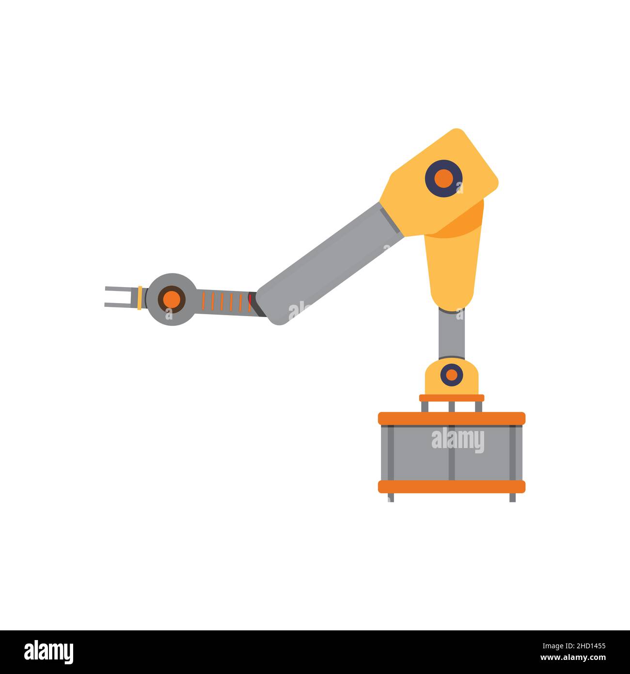 Arm mechanism to production conveyor belt. Robotic automated mechanic robot, industry production steel line electronic. Vector illustration Stock Vector