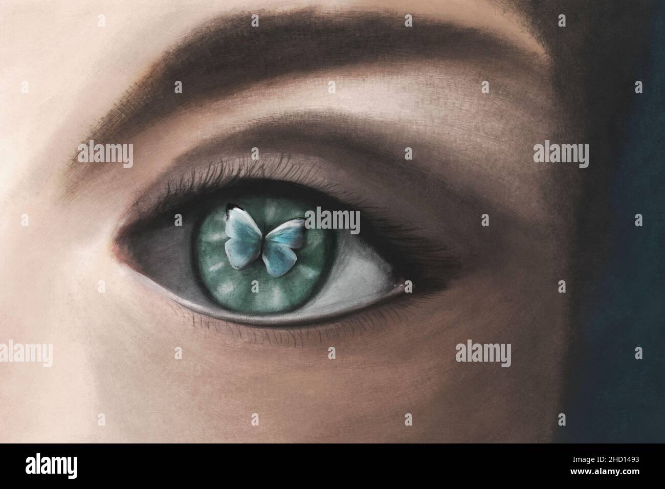 surreal woman with butterfly on the iris of the eye Stock Photo