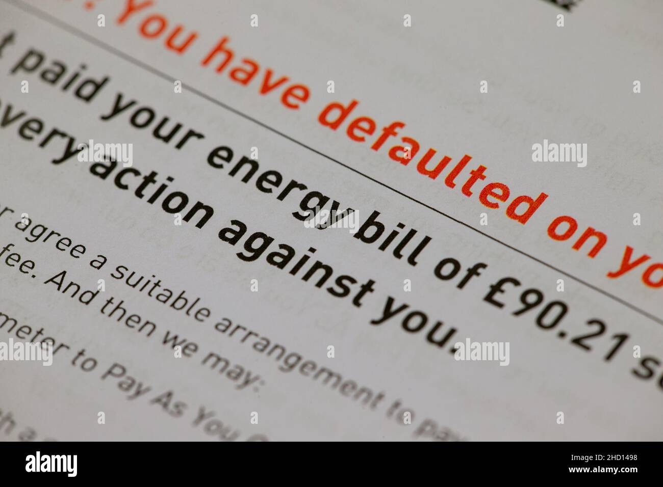 Undated file photo of an energy bill claiming that the customer has defaulted on paying. Seven out of 10 Scots are worried about rising energy costs, research has found. Polling carried out by YouGov for Citizens Advice Scotland (CAS) found 48% are 'fairly worried' about bills for their gas and electricity becoming less affordable - with a further 22% describing themselves as 'very worried'. Issue date: Sunday January 2, 2022. Stock Photo