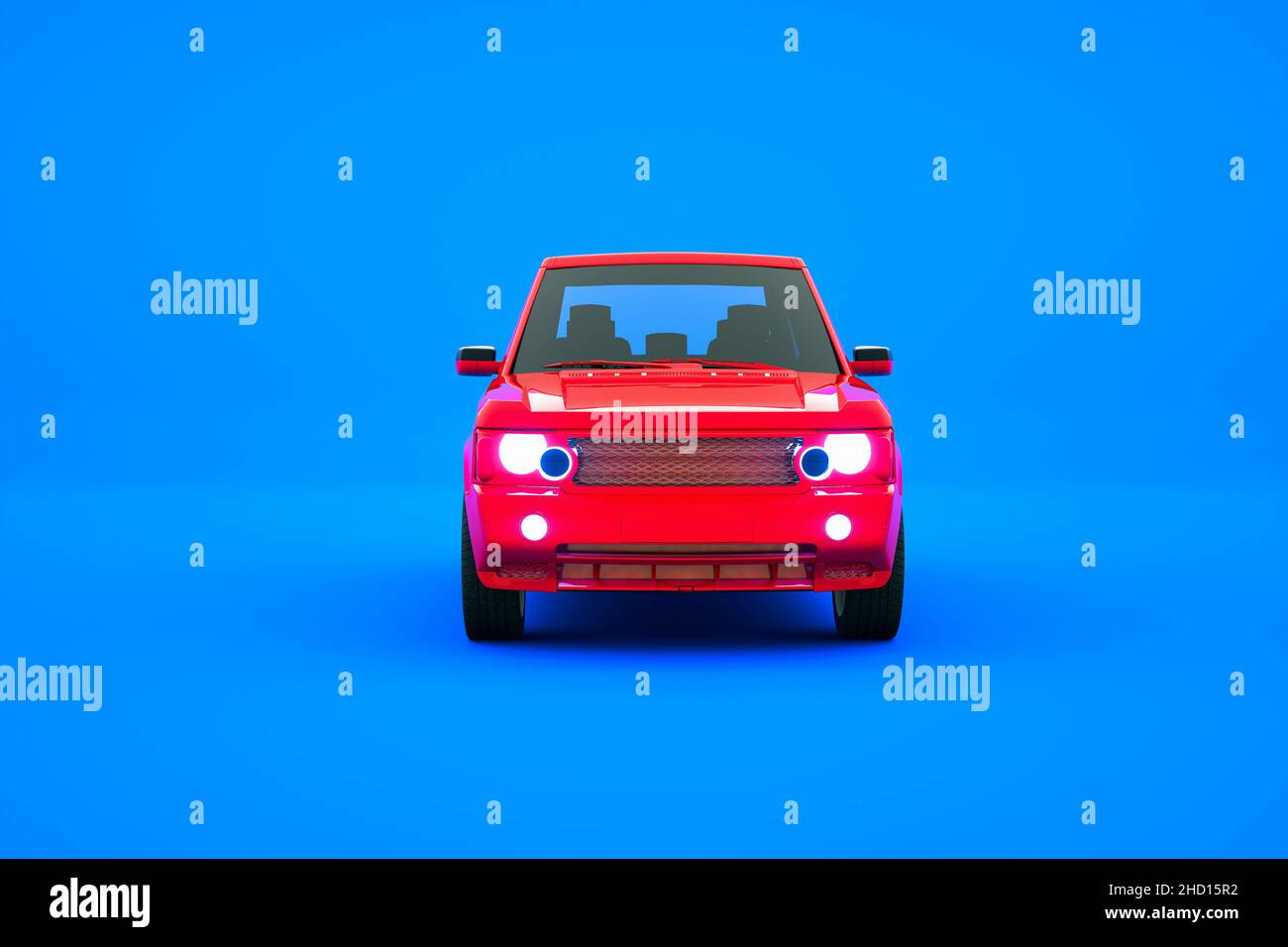 3D model of a red passenger car on a blue isolated background. Graphic