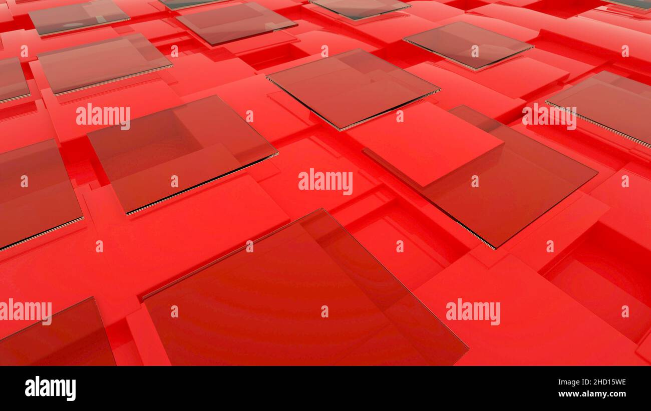 3D illustration of transparent glass rectangles on a red isolated ...
