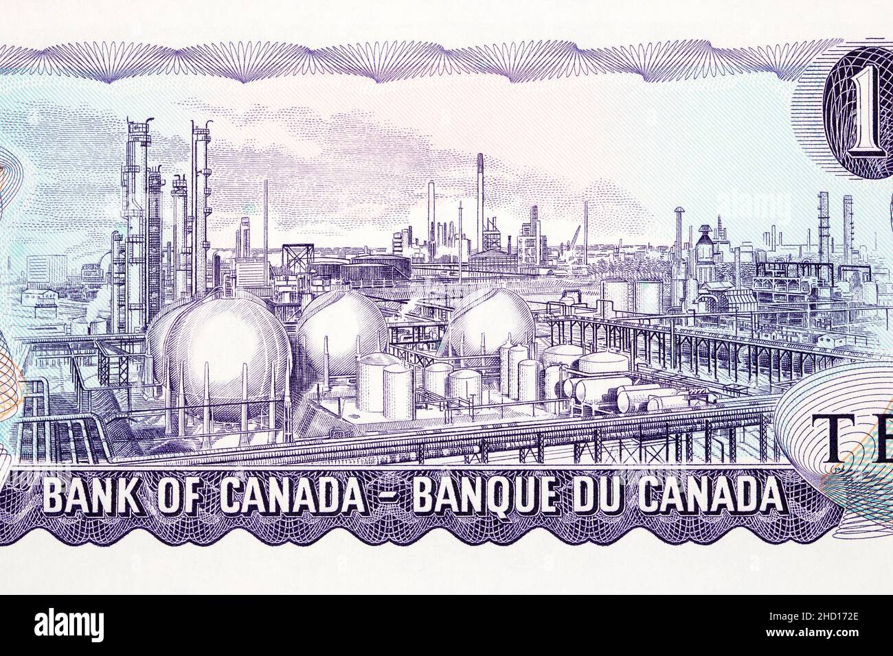 Oil refinery at Sarnia, Ontario from old Canadian money Stock Photo