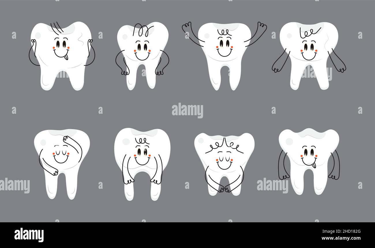 Cute, funny baby tooth set vector. Emoticon teeth with hands and eyes