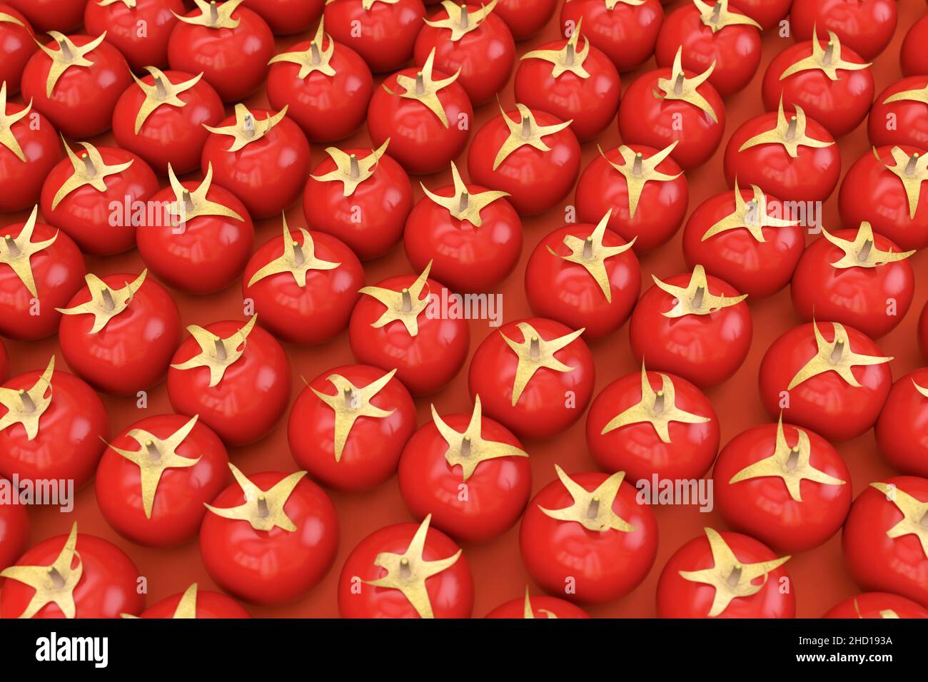 Huge amount of red tomatoes on a red isolated background. Red ripe tomatoes lie next to each other. 3D realistic models of tomatoes. 3D graphics, clos Stock Photo