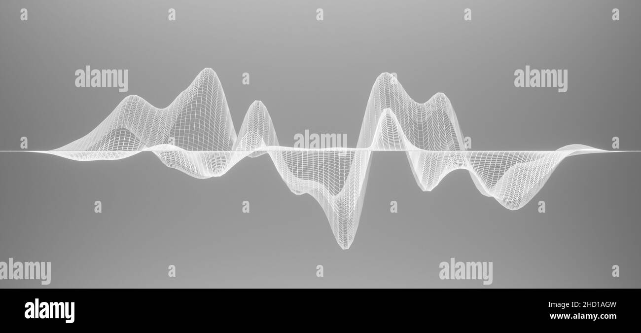 Abstract white wireframe waveform or polygonal structure on grey background, visualization of sound waves, acoustic concept Stock Photo