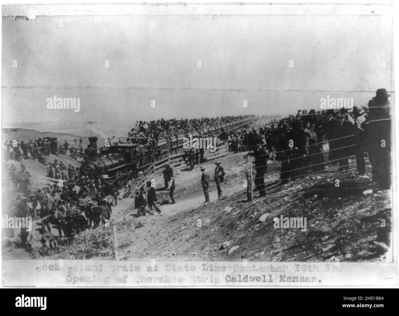 Rock Island train at State Line, September 16th 1893. opening of Cherokee Strip, Caldwell, Kansas. Stock Photo