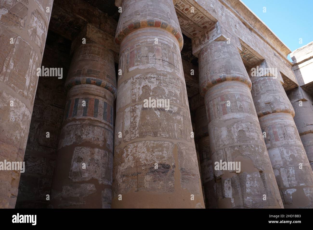 Giant pillars with hieroglyphics at the Karnak Temple, Luxor, Egypt