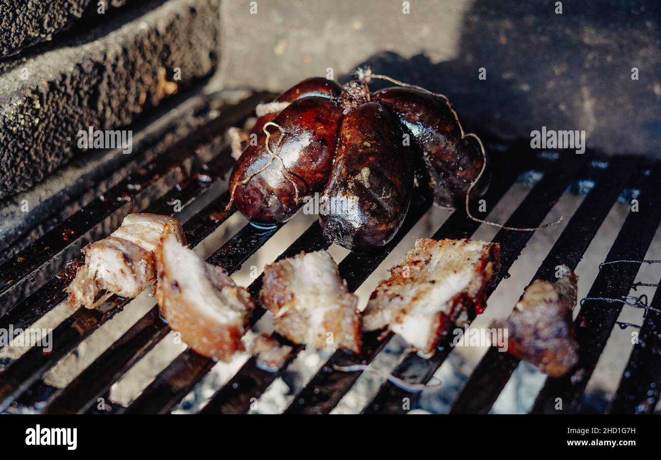 South American style barbecue with different cuts of veal and blood sausage Stock Photo
